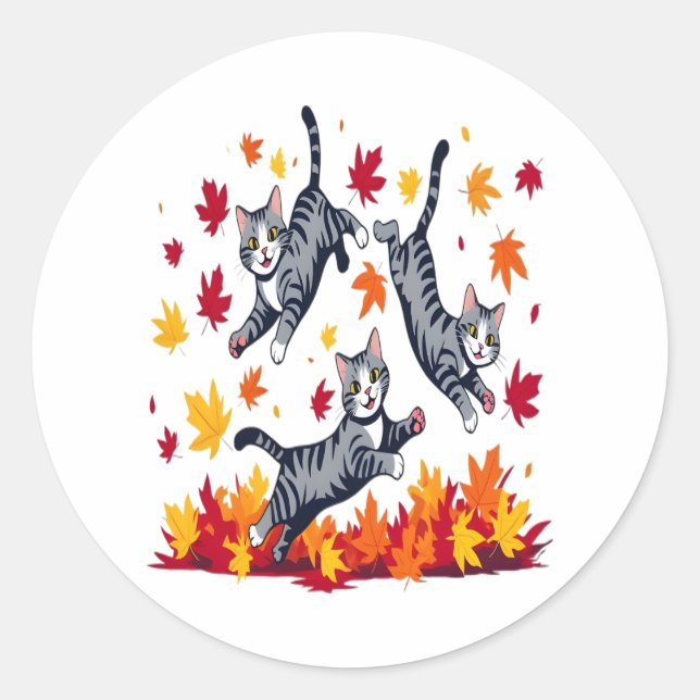 Cats Playing in Autumn Leaves Classic Round Sticker (Front)