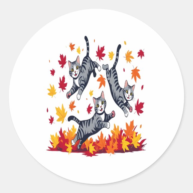 Cats Playing in Autumn Leaves Classic Round Sticker (Front)