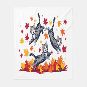Cats Playing in Autumn Leaves Fleece Blanket