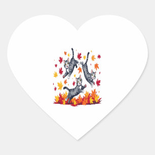 Cats Playing in Autumn Leaves Heart Sticker