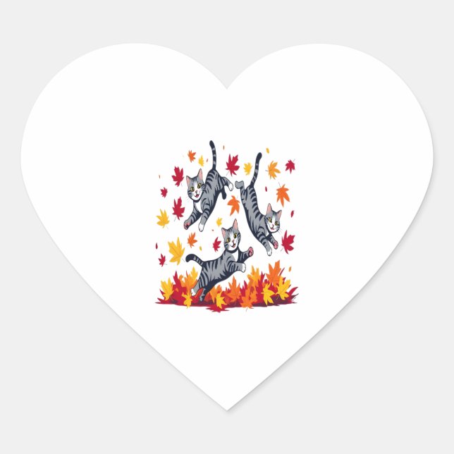 Cats Playing in Autumn Leaves Heart Sticker (Front)