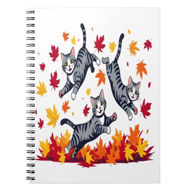 Cats Playing in Autumn Leaves Notebook (Front)