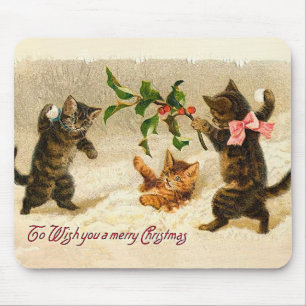 Cats playing in the snow Vintage Christmas Mouse Mat