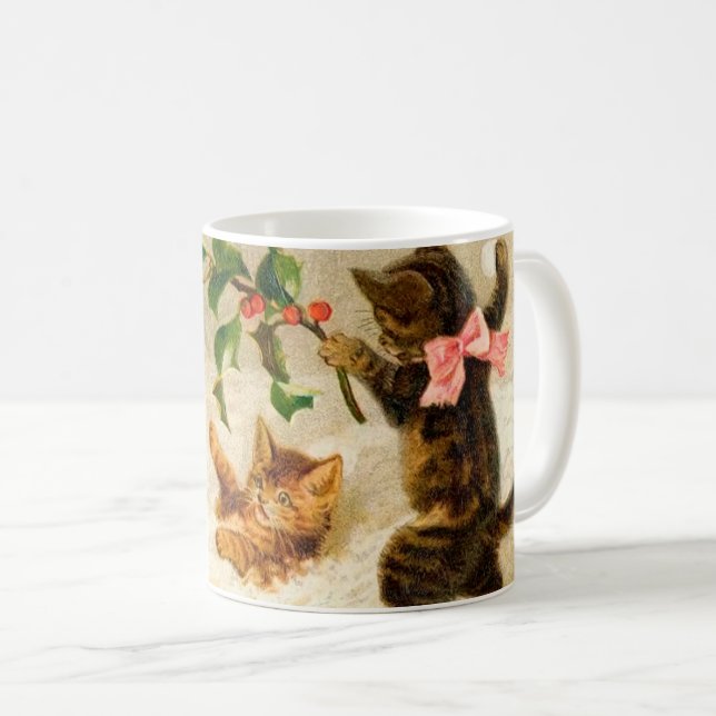 Cats playing in the snow Vintage Christmas Mug (Front Right)