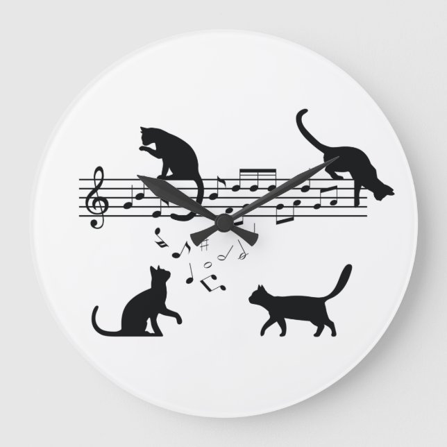 Cats Playing Music Notes Large Clock (Front)
