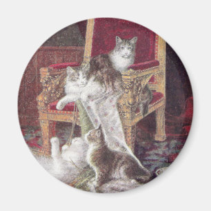 Cats Playing on Red Velvet Chair Vintage Magnet