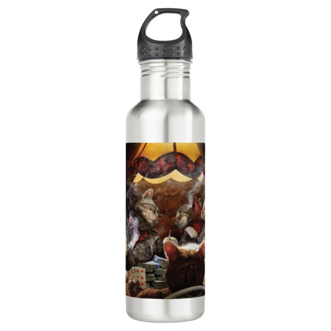 Cats playing poker  710 ml water bottle (Front)
