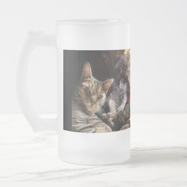 Cats playing poker  frosted glass beer mug (Left)