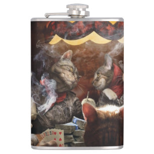 Cats playing poker hip flask