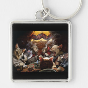 Cats playing poker  key ring