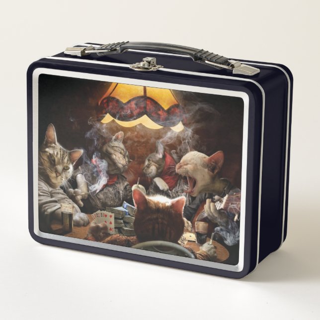 Cats playing poker   metal lunch box (Front)