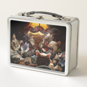 Cats playing poker metal lunch box