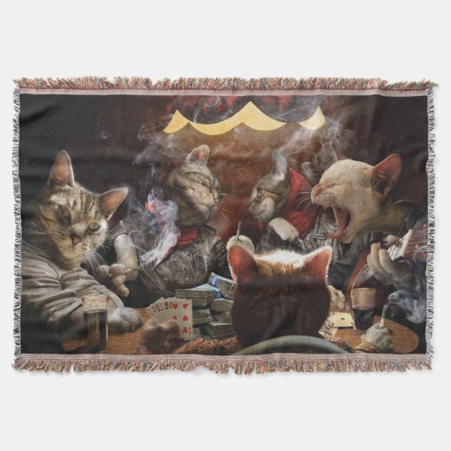 Cats playing poker throw blanket (Front)