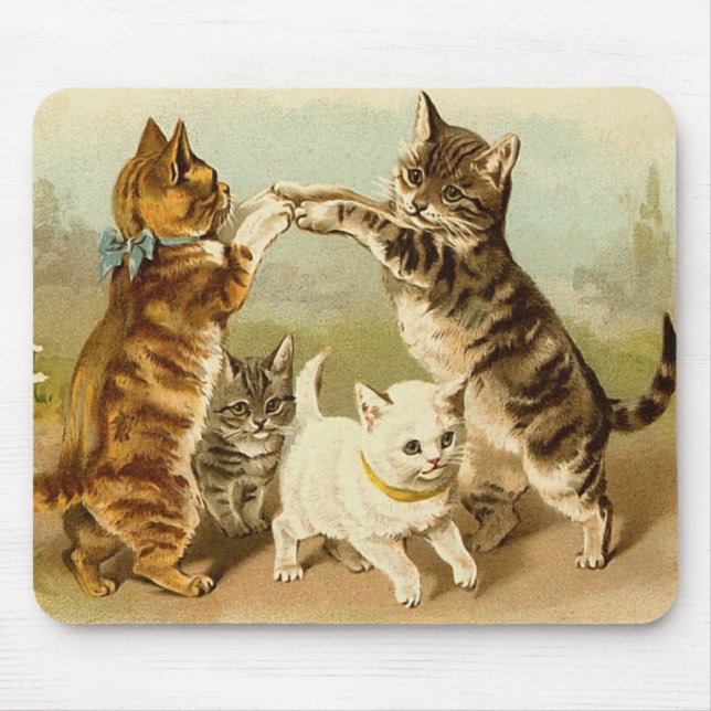 Cats Playing Vintage Illustration Mouse Mat (Front)