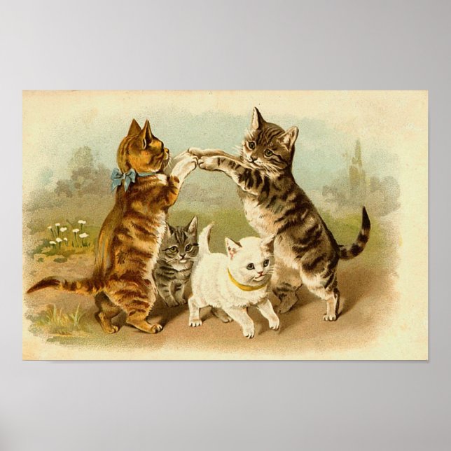 Cats Playing Vintage Illustration Poster (Front)