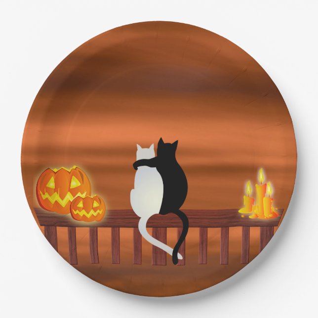 Cats Pumpkins Candles Halloween Paper Plate (Front)