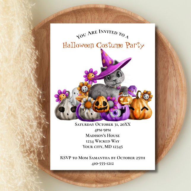 Cats Pumpkins Purple Orange Kids Halloween Party Invitation (Cats Pumpkins Halloween Party Invitation. Printed or Digital Download)