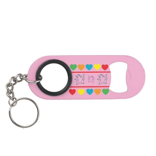Cats & Rainbow Hearts Pink Bottle Opener Keychain (Back Horizontal)