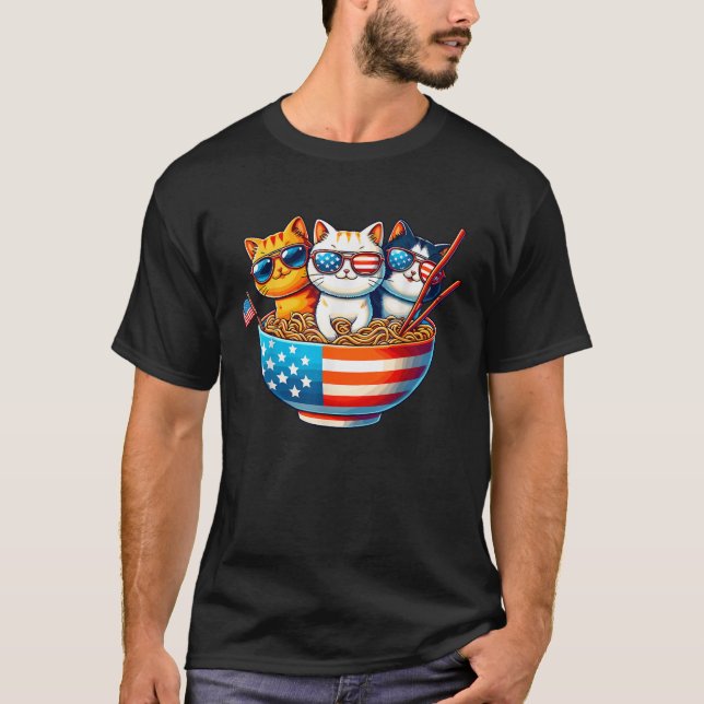 Cats Ramen Anime American Flag USA Funny 4th Of Ju T-Shirt (Front)