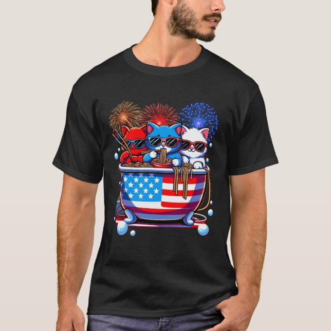 Cats Ramen In Bathtub Anime American Flag USA 4th  T-Shirt (Front)