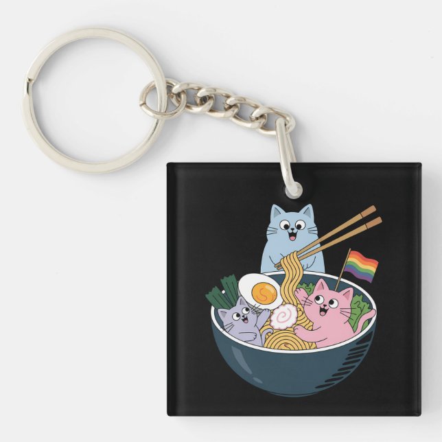 Cats Ramen Rainbow LGBTQ Gay Lesbian Pride Ally Key Ring (Front)
