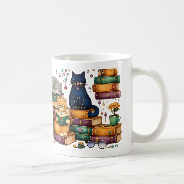 Cats Reading Books Cozy Library Scene Coffee Mug (Right)