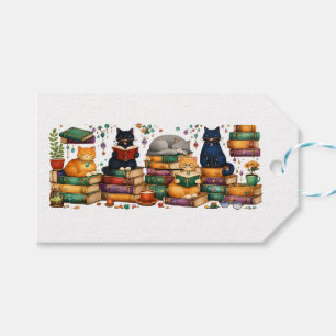 Cats Reading Books Cozy Library Scene Gift Tags