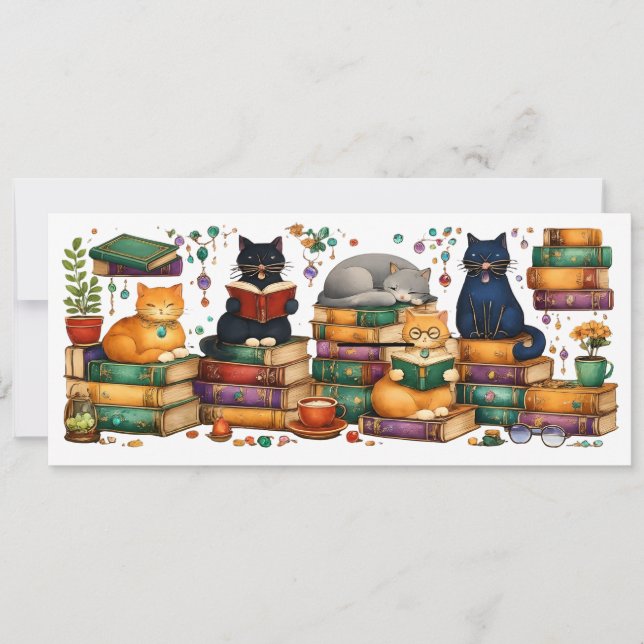 Cats Reading Books Cozy Library Scene Invitation (Front)