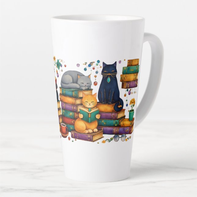 Cats Reading Books Cozy Library Scene Latte Mug (Right Angle)