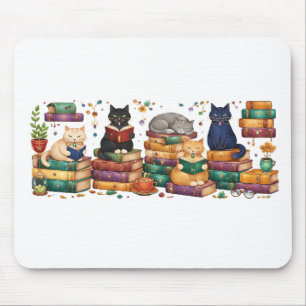 Cats Reading Books Cozy Library Scene Mouse Mat