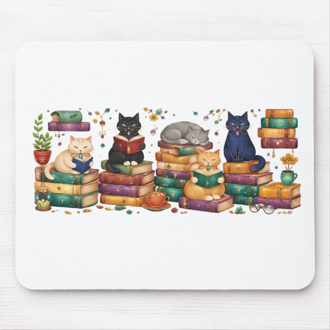 Cats Reading Books Cozy Library Scene Mouse Mat (Front)