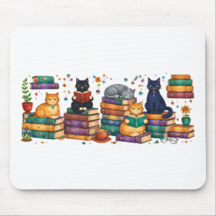 Cats Reading Books Cozy Library Scene Mouse Mat