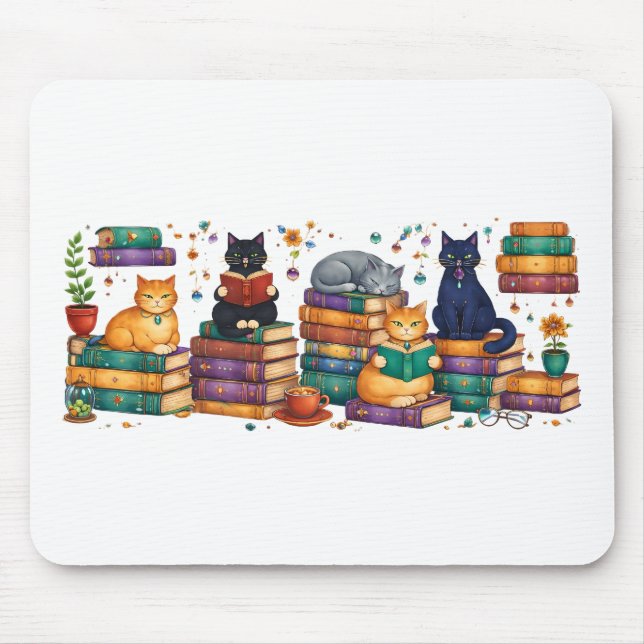 Cats Reading Books Cozy Library Scene Mouse Mat (Front)