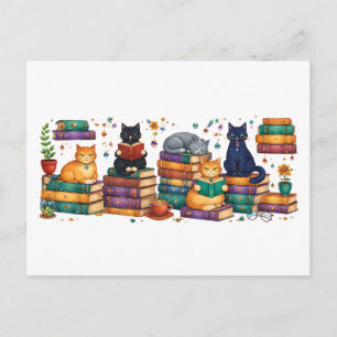 Cats Reading Books Cozy Library Scene Postcard