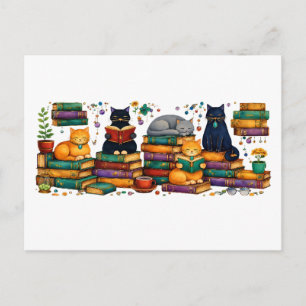Cats Reading Books Cozy Library Scene Postcard