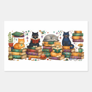 Cats Reading Books Cozy Library Scene Rectangular Sticker