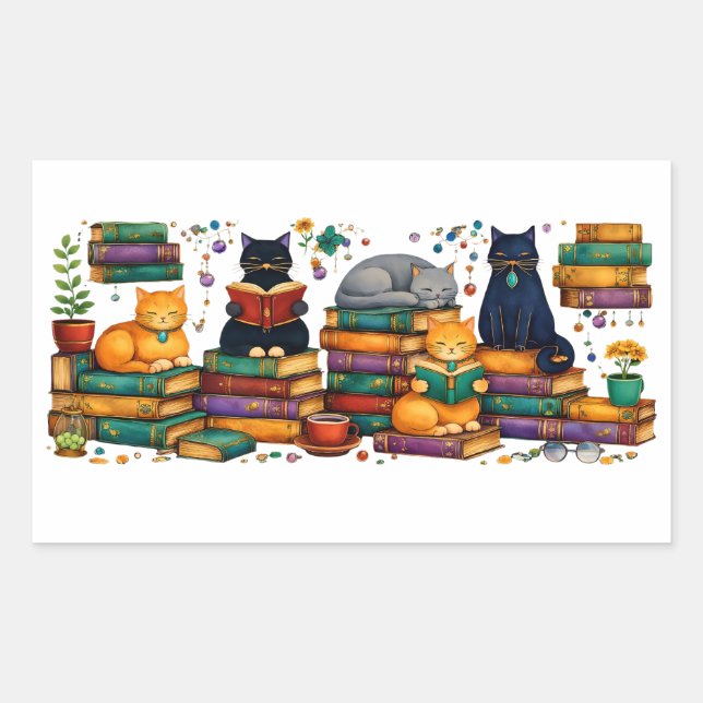 Cats Reading Books Cozy Library Scene Rectangular Sticker (Front)