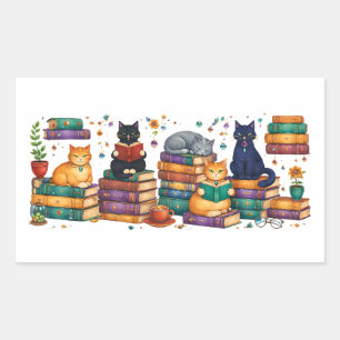 Cats Reading Books Cozy Library Scene Rectangular Sticker