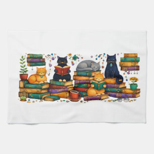 Cats Reading Books Cozy Library Scene Tea Towel