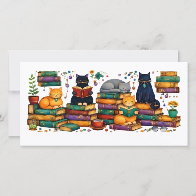 Cats Reading Books Cozy Library Scene Thank You Card (Front)