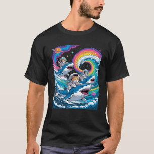 Cats Riding Sharks in Space Funny Galaxy Rainbow T T-Shirt
