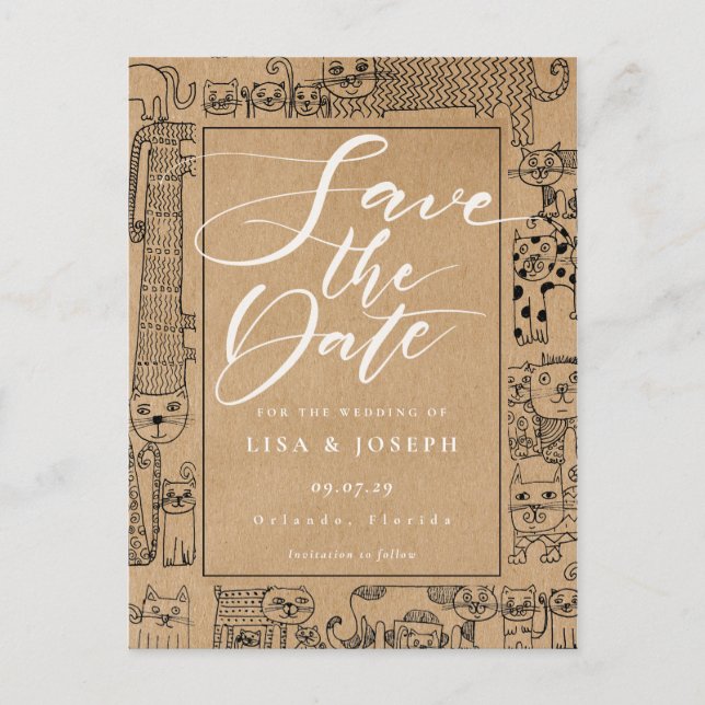 Cats Rustic Kraft Script Save the Date Announcement Postcard (Front)