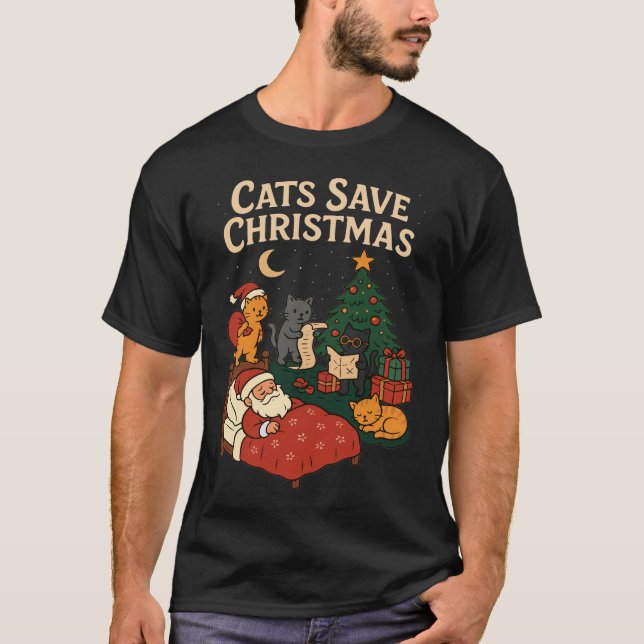 Cats Save Christmas Funny Santa Cat Holiday T-Shir T-Shirt (Front)