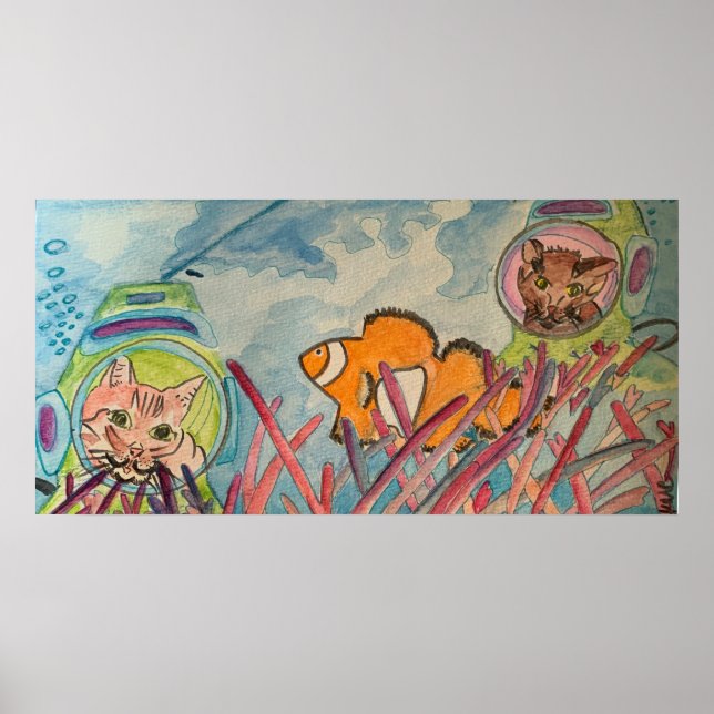 Cats Scuba Diving Watercolor  Poster (Front)
