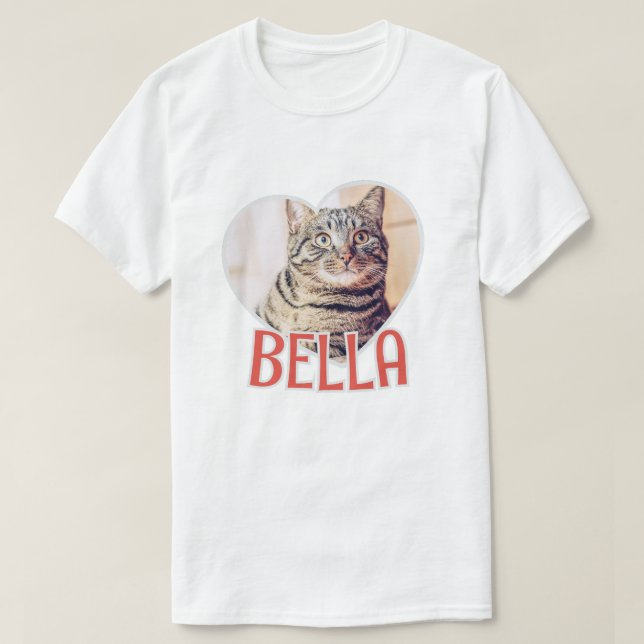 Cat's Simple Modern Playful Heart Name and Photo T-Shirt (Design Front)