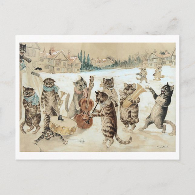 Cats Singing Christmas Carols Vintage Louis Wain Postcard (Front)