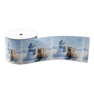 Cats Sitting With a Snowman In a Field Grosgrain Ribbon