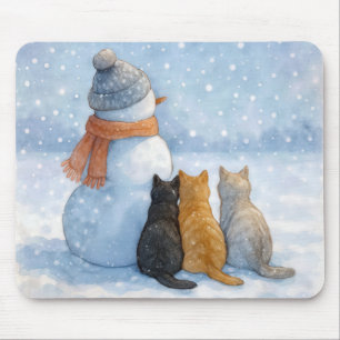 Cats Sitting With a Snowman In a Field Mouse Mat