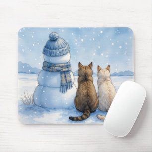 Cats Sitting With a Snowman In a Field Mouse Mat