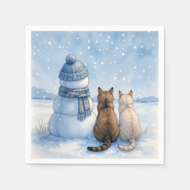 Cats Sitting With a Snowman In a Field Napkin (Front)